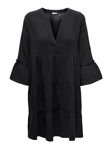Produktbild: ONLY Damen Kurzes Volant Kleid 3/4 Arm Peplon Knielang Splitneck V-Ausschnitt Knielang ONLTHYRA, Farben:Anthrazit, Größe:M