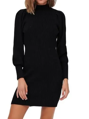Produktbild: ONLY Damen Langarm Strickkleid | Regular Fit Mini Pullover Dress | Rundhals Stehkragen Shirt ONLKATIA, Farben:Schwarz, Größe:L