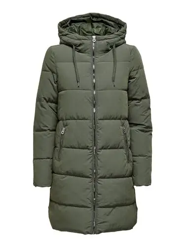 Produktbild: ONLY Damen Lange Puffer Jacke | Warmer Stepp Wintermantel mit Kapuze | Wattierter Blouson ONLDOLLY, Farben:Khaki, Größe:S
