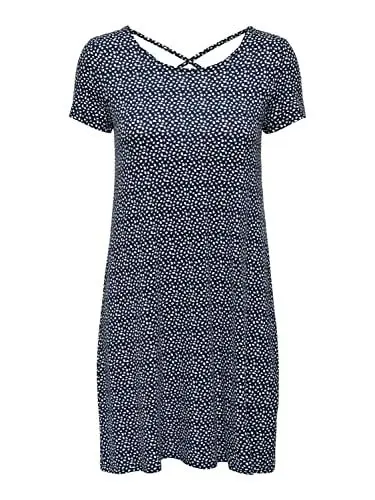 Produktbild: ONLY Damen Lockeres Shirtkleid Mini Basic Kurzarm Sommer Dress Rücken Ausschnitt Schnürung ONLBERA, Farben:Dunkelblau, Größe:S