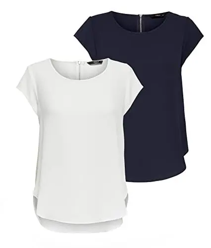 Produktbild: ONLY Damen ONLVIC S/S SOLID 2 Pack TOP, Blusenshirt, Kurzarm, Navy Blazer/Cloud Dancer, 36