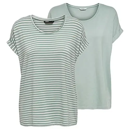 Produktbild: ONLY Tshirt Damen Bluse Top ONLMOSTER 2er Pack Regular Fit Rundhals Basic Kurzarm Shirt Streifen, Größe:L, Farbe:Jadeite w/cd Stripes