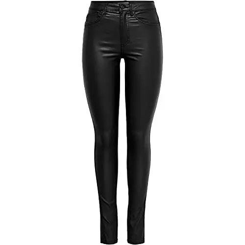 Produktbild: ONLY Damen PU Kunstleder Hose | High Waist Stretch Pants Beschichtet | Coated Biker Denim Jeans ONLROYAL, Farben:Schwarz, Größe:M / 32L, Z-Länge:L32