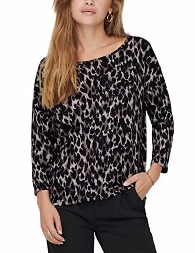 Produktbild: ONLY Damen Print 3/4 Arm Shirt Lockerer Rundhals Pullover Dünnes Muster Oberteil ONLELCOS, Farben:Beige, Größe:S
