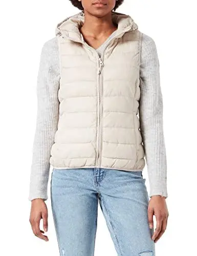 Produktbild: ONLY Damen Puffer Weste | Wattierte Stepp Übergangsjacke mit Kapuze | Basic ohne Ärmel ONLNEWTAHOE, Farben:Beige, Größe:XL