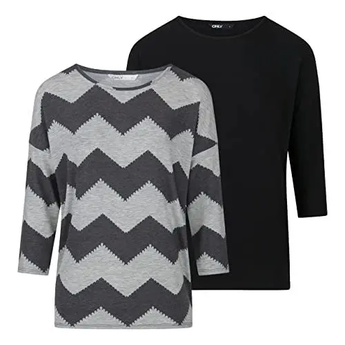 Produktbild: ONLY Damen Top ONLGLAMOUR 2er Pack 3/4 Ärmel Basic Shirt Rundhals Loose Fit Langarmshirt Oberteil Muster Aufdruck Sommer S Schwarz, Größe:S, Farbe:Black (15289509)