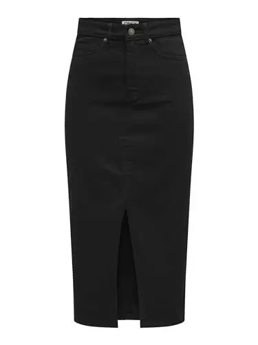Produktbild: ONLY Damen Midi Jeans Rock ONLSiri Front Slit Skirt Damenrock mit Schlitz 15324365 Black Denim L