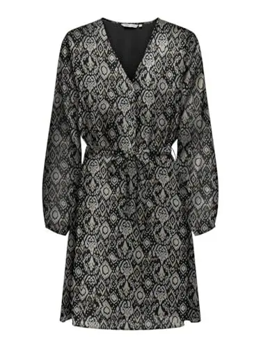 Produktbild: ONLY Mini Blusen Kleid Langarm Mesh Tunika Print Dress Oberschenkellang mit Geknöpftem V-Neck ONLCERA, Farben:Braun-2, Größe:XL