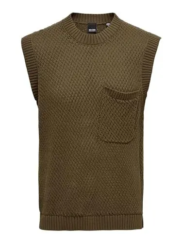 Produktbild: ONLY & SONS Herren O&S Strick Pullunder mit Brusttasche Rundhals Pullover Weste Sweater ohne Ärmel ONSMYLE, Farben:Braun, Größe Pullover:L