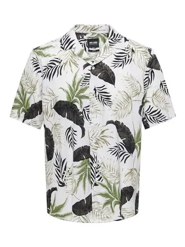 Produktbild: ONLY & SONS Herren Viskose Hemd ONSWayne Life Kurzarm mit Palmenprint 22028616 Antique White M