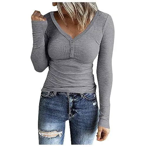 Produktbild: Only Langarmshirt Damen T-Shirt Damen Schwarz Rundhals Langarm Frauen Tshirt Winter Langes Tshirt Damen Grau Langarmshirt Damen Grau V Ausschnitt Basic Langarmshirt Damen Grau L