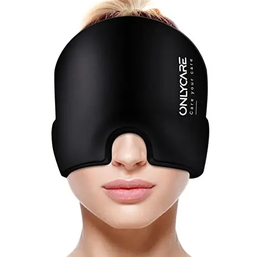 Produktbild: ONLYCARE Migräne Maske, Upgraded Migräne Kühlmaske Schlafmaske Kühlmütze Kühlhaube 360° Gel Surround kühlpads zur Linderung von Migräne, Kopfschmerzen, Druck