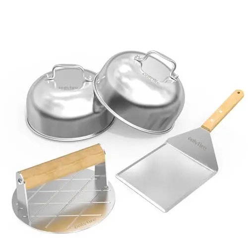 Produktbild: Onlyfire Edelstahl Grillbesteck Set, 4-Teilig Burger-Set mit Runder Burgerpresse, Grillspachtel, 2 Burger Dome, Grill Zubehör für Leckere Hamburger, Patties, Speck, Steak, für Outdoor und Indoor