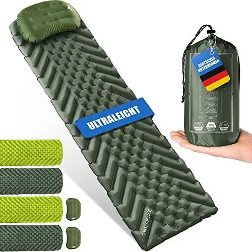 Produktbild: ONLYHIKE® Isomatte Ultraleicht (gratis Camping Kissen) I Outdoor Camping Matratze I rutschfeste Matte mit Schlafkissen für Sommernächte im Freien I Kompakte aufblasbare Schlafmatte I Oliv
