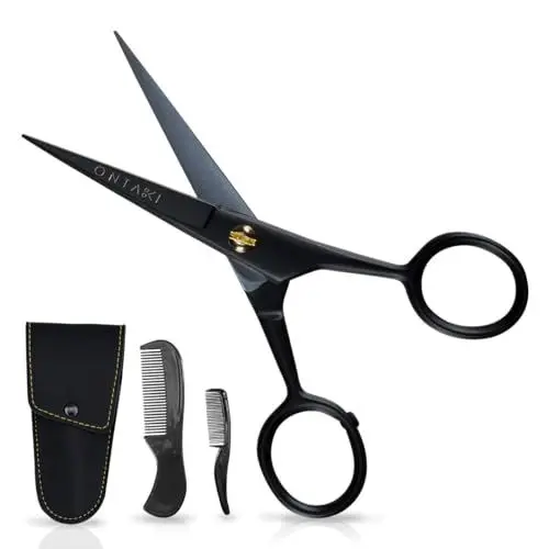 Produktbild: ONTAKI Professionelle Bartschere aus deutschem Stahl, 12,7 cm, Herren-Schnurrbartschere mit Bartkamm und Tragetasche, handgeschmiedete, abgeschrägte Kante, Präzisions-Gesichtsbehaarung – Schwarz