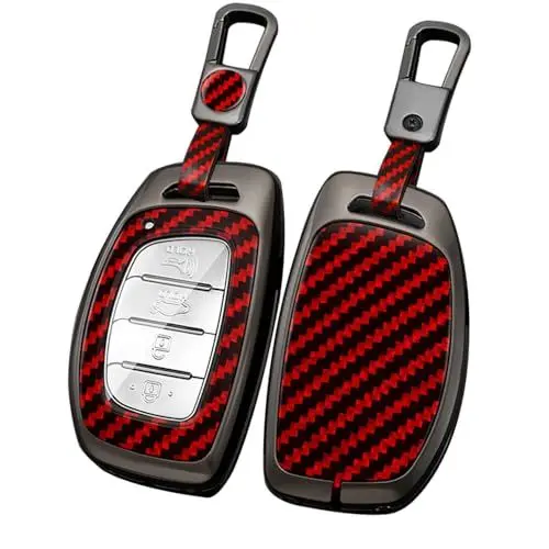 Produktbild: ontto Schlüsselhülle Autoschlüssel Hülle Passt für Hyundai Tucson Santa Fe Rena Sonata Elantra Ix35 Ix45 I10 I30 I40 Solaris Accent 3/4 Tasten PVC Metall Schutzhülle Etui Schlüsselanhänger-A Rot