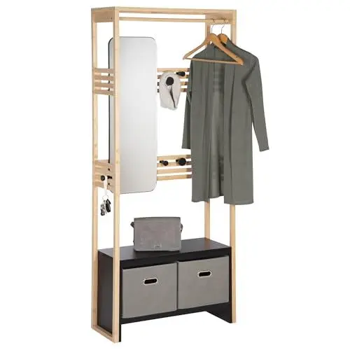 Produktbild: ONVAYA® Bambus Garderobenständer mit Spiegel ǀ Grau ǀ Garderobe inklusive Kleiderstange, Haken, Aufbewahrungsboxen und Sitzbank ǀ zwei moderne Farbvarianten ǀ Garderobenschrank mit Spiegel