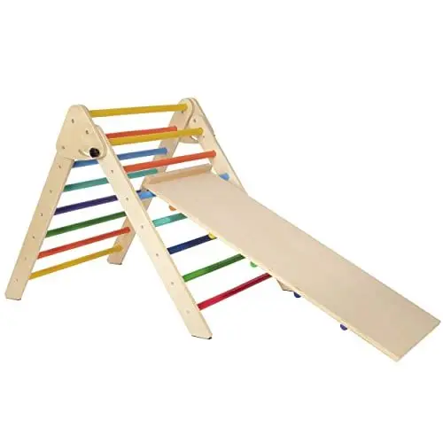Produktbild: ONVAYA® Kletterdreieck mit Rutsche I Bunt I Pikler Art I Größe frei einstellbar und klappbar I Robust und sicher bis 100kg Tragelast I Sprossendreieck aus Natur Buche Holz und Öko Lackierung