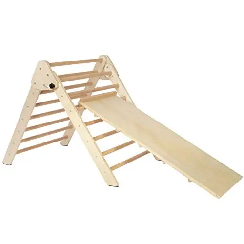 Produktbild: ONVAYA® Kletterdreieck mit Rutsche I Natur I Pikler Art I Größe frei einstellbar und klappbar I Robust und sicher bis 100kg Tragelast I Sprossendreieck aus Natur Buche Holz und Öko Lackierung