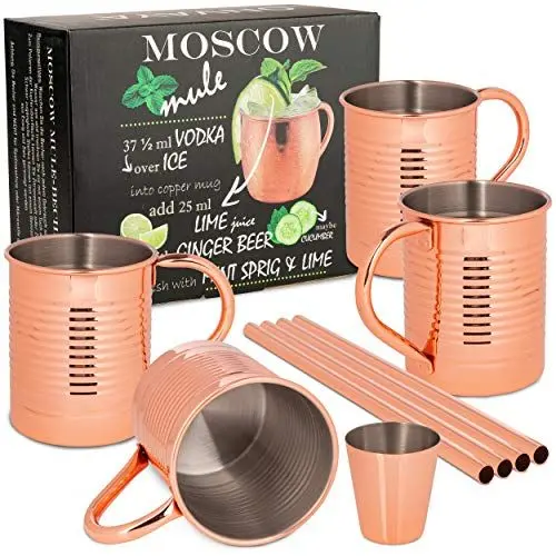 Produktbild: ONVAYA® Moscow Mule Becher Geschenk Set | Kupferbecher für Cocktails | Pinchen | Kupfertassen | Komplettset Gin Mule | Munich Mule (Dosen Design)