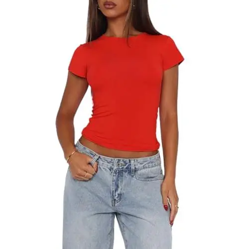 Produktbild: OOHOKAY Damen Basic T-Shirt Klassischer Schnitt Sommer Tee Shirts Kurzarm Crop Tops Y2K Slim Fit Oberteile Einfarbiges Elegant Tshirt(Rot-B,S)