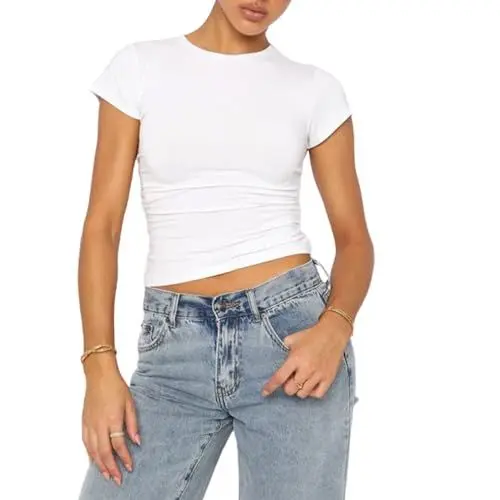 Produktbild: OOHOKAY Damen Basic T-Shirt Klassischer Schnitt Sommer Tee Shirts Kurzarm Crop Tops Y2K Slim Fit Oberteile Einfarbiges Elegant Tshirt(Weiß-B,S)