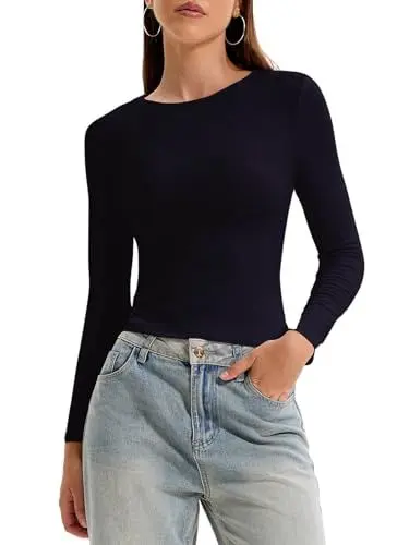 Produktbild: OOHOKAY Damen Langarmshirt Basic Oberteile Y2K Slim Fit Tshirt Elegant Stretch Unterziehshirt Pullover Langärm Crop Tops Streetwear(TibetischBlau-L1,L)