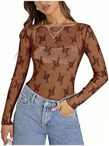 Produktbild: OOHOKAY Damen Netzoberteil Mesh Sheer Basic Shirt Sexy Bluse Transparent Oberteile Durchsichtiges Langarm Lace Top(Braun-s1,S)