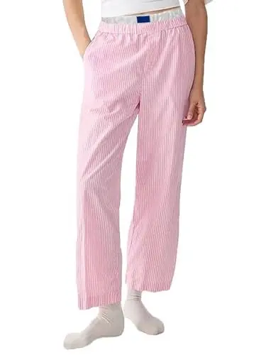Produktbild: OOHOKAY Damen Y2k Gestreifte Lose Gerade Geschnitten Palazzo Hose Hohe Taille Dehnbar Lounge Hose mit Taschen Pyjama Hosen(Rosa-S,M)