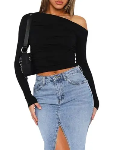 Produktbild: OOHOKAY Langarmshirt Damen Schulterfreies Oberteil Klassischer Basic Tshirt Crop Tops Y2K Slim Fit Oberteile Casual Shoulder Streetwear(Schwarz-j,XXL)