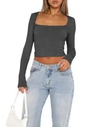 Produktbild: OOHOKAY Langarmshirt Damen U-Ausschnitt Basic Oberteile Y2K Slim Fit Tshirt Crop Tops Lässige Streetwear(Dunkelgrau-U1,XS)