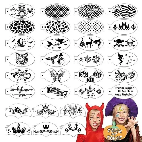 Produktbild: OOTSR 30 Stück Wiederverwendbare Schablonen für Kinder Erwachsene, Tattoo-Schablonen für Gesicht und Körper, Kreativität Tattoo Schablone für Halloween Schminke Partys