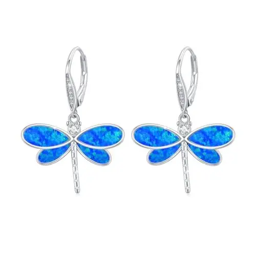 Produktbild: Opal Libelle Ohrringe 925 Sterling Silber Libelle Anhänger Ohrringe Niedliche Libelle Schmuck Weihnachten Geschenke für Frauen Mädchen Kinder (Blue Opal)