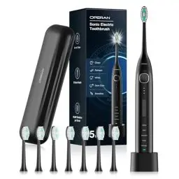 Produktbild: Operan Sonic Elektrische Zahnbürste für Erwachsene und Kinder, 5 Modi & 3 Intensitätsstufen, 2 Minuten Smart Timer, IPX7 wasserdicht, aufhellend, wiederaufladbar mit 8 Bürstenköpfen & Reiseetui