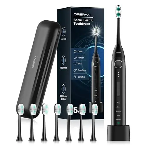 Produktbild: Operan Sonic Elektrische Zahnbürste für Erwachsene und Kinder, 5 Modi & 3 Intensitätsstufen, 2 Minuten Smart Timer, IPX7 wasserdicht, aufhellend, wiederaufladbar mit 8 Bürstenköpfen & Reiseetui