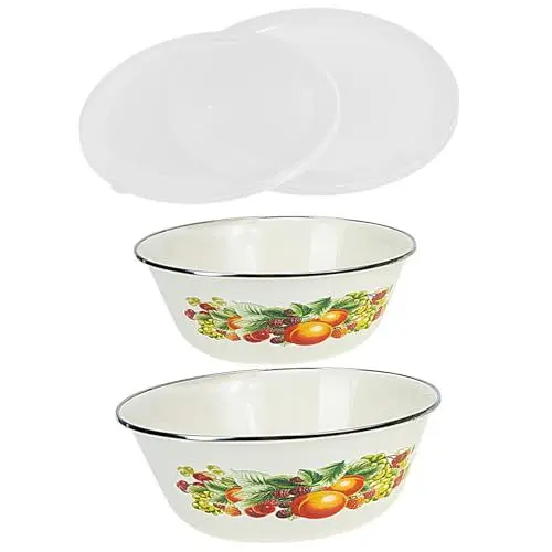 Produktbild: Operitacx 2 Sätze Emailleschale Mit Deckel Obstschale Emaille Geschirr Obstschüssel Obstsalat Schüssel Küchenschüssel Brotschüssel Emaille Schale Rund Lebensmittel Büro Kornflakesschüssel