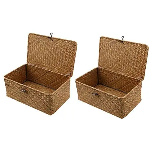 Produktbild: Operitacx Box Rattan mit Deckel: Gewebte Box Hyazinthe Wäsche Hampers 2Pcs Desktop Sundry Organizer für Kleidersortierung Make- Up Kosmetischer Behälter Körbe Aus
