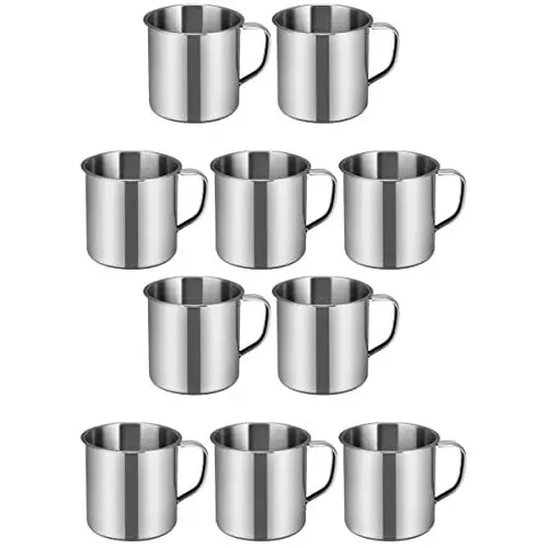Produktbild: Operitacx 10Stück Edelstahl Tasse Camping Kaffeebecher Trinksuppenbecher Langlebiger Rostfreier Unzerbrechlicher Edelstahlbecher Mit Henkel Camping Tasse Edelstahl(Silber)