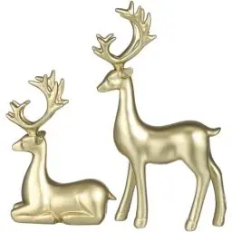 Produktbild: Operitacx Heimdekoration Weihnachts-Rentier-Figuren – 2 Stück Harz sitzende und stehende Hirsch-Figur Statuen für Weihnachtsdekorationen (Gold) Wohnaccessoires