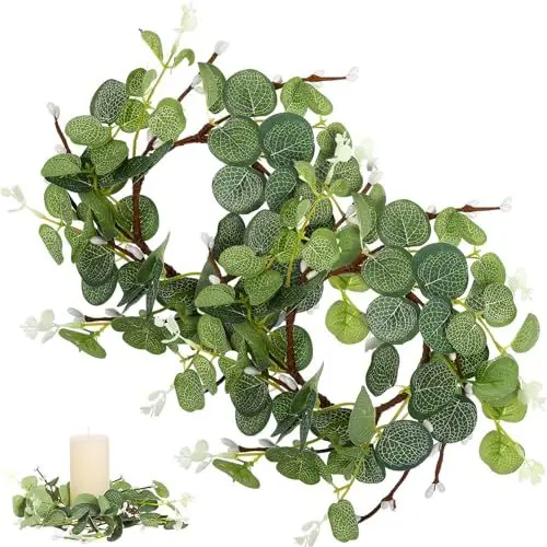 Produktbild: Operitacx Kranzs?ulenkerzenhalter 2Pcs Eucalyptus Kerzenringe Kränze Kleine - Kranz- Säulenkerzenhalter für Hochzeitszentrum Home Door Tabletop Dekoration Runder Grüner Kerzenkranz