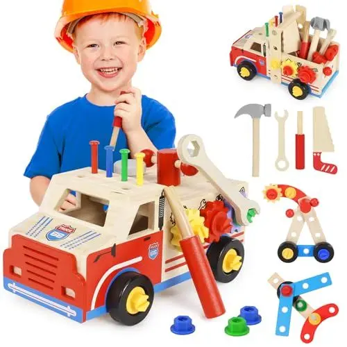 Produktbild: Werkzeugkoffer Kinder Werkbank - Holzspielzeug Spielzeug ab 3 Jahre 45 Stück Montessori Spielzeug Werkzeugkasten Werkzeug mit Rädern Kinderspielzeug Geschenk Junge Mädchen Spiele ab 2 3 4 5Jahren