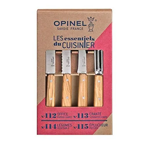 Produktbild: Opinel 254458 Essentials Küchenmesser Set-4 teilig-rostfreier Sandvik Stahl-Olivenholz Griffe, Mehrfarbig