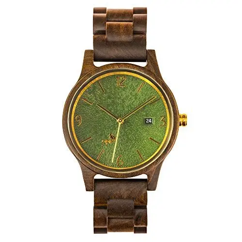 Produktbild: Opis UR-U1: Unisex (Damen/Herren) Retro Holz Armbanduhr aus Schwarzem Sandelholz mit einzigartigem, geprägten Ziffernblatt in Grün mit goldenen Metallelementen (Grün-Gold)