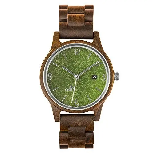 Produktbild: Opis UR-U1: Unisex (Damen/Herren) Retro Holz Armbanduhr aus Schwarzem Sandelholz mit einzigartigem, geprägten Ziffernblatt in Grün mit silbernen Metallelementen (Grün-Silber)