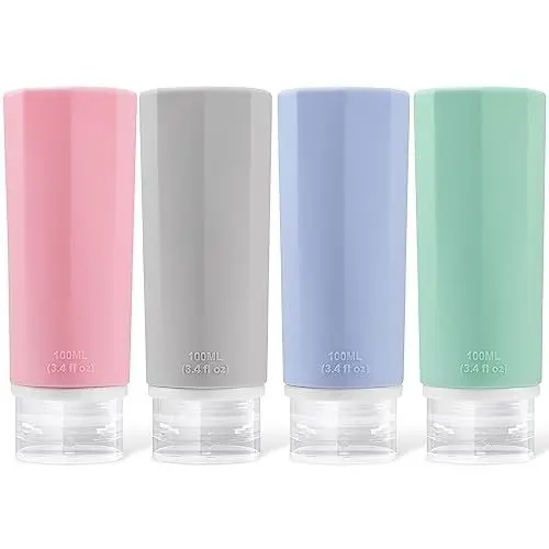 Produktbild: Opret 4 Stück Silikon Reiseflaschen Set, 100ml Reiseflaschen zum Befüllen Kosmetik Shampoo Flüssigkeiten, Auslaufsicher Nachfüllbare Leer Reiseset Reisegröße Behälter Travel Bottles Set Travel Kit