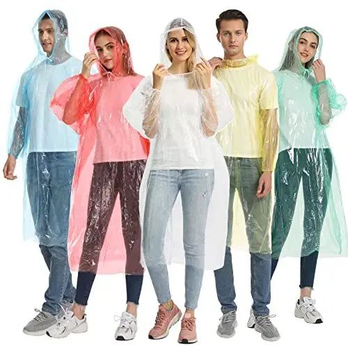Produktbild: Opret 5 Stück Durchsichtig Regenponcho Damen Herren, Wasserdicht Regenschutz Regencape mit Tunnelzug Kapuze und Elastische Manschette, Leichtgewichts Regen Poncho Transparent Bunt