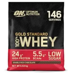 Produktbild: Optimum Nutrition Gold Standard 100% Molkenproteinpulver für Muskelaufbau & -regeneration mit natürlich vorkommendem Glutamin & BCAA-Aminosäuren, Double Rich Chocolate, 146 Portionen, 4,53 kg