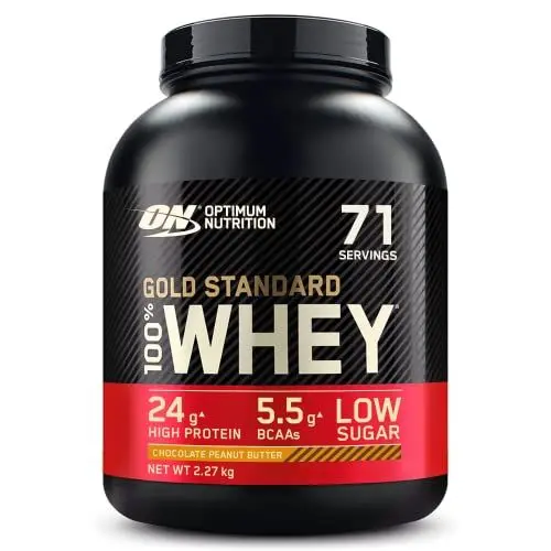 Produktbild: Optimum Nutrition Gold Standard 100% Molkenproteinpulver für Muskelaufbau und -regeneration mit natürlich vorkommendem Glutamin und BCAA-Aminosäuren, Chocolate Peanut Butter, 71 Portionen, 2,27 kg