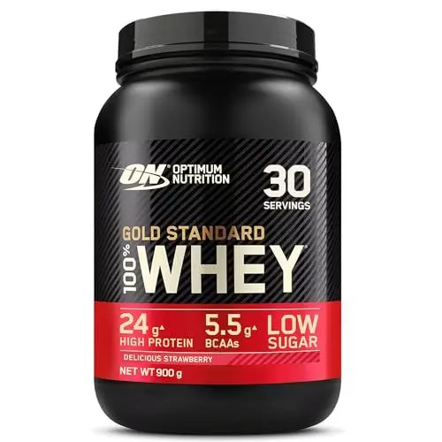 Produktbild: Optimum Nutrition Gold Standard 100% Molkenproteinpulver für Muskelaufbau und -regeneration mit natürlich vorkommendem Glutamin und BCAA-Aminosäuren, Delicious Strawberry, 30 Portionen, 900 g