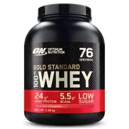 Produktbild: Optimum Nutrition Gold Standard 100% Molkenproteinpulver für Muskelaufbau und -regeneration mit natürlich vorkommendem Glutamin und BCAA-Aminosäuren, Delicious Strawberry, 76 Portionen, 2,28 kg